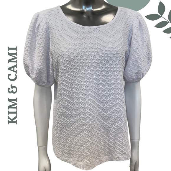 🛍️3/$40 Kim & Cami White Puff Sleeve Textured Top | Honeycomb Texture Size M - Picture 1 of 6